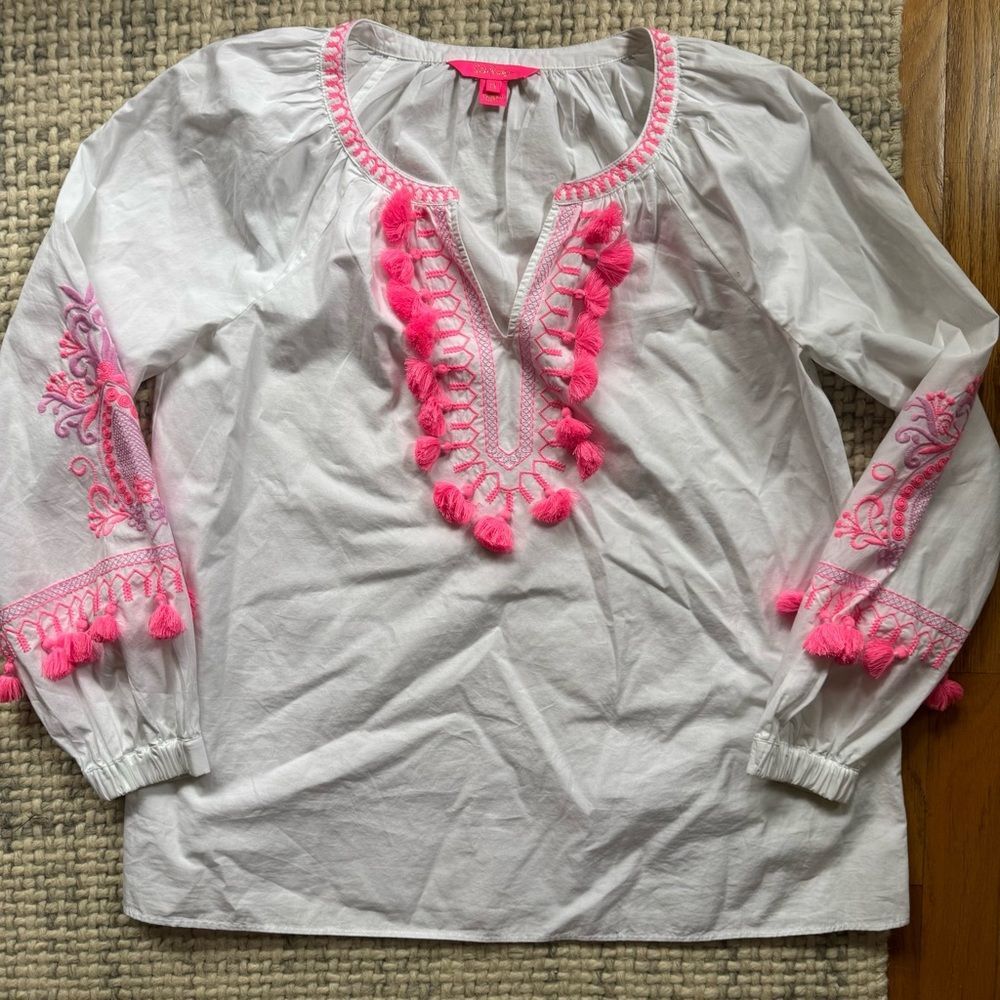 Lilly Pulitzer Kaydence White Pink Embellished Blouse Medium - Picture 2 of 6
